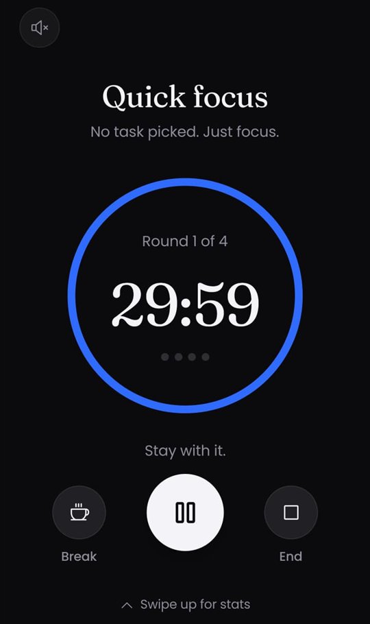 Goalify's focus timer: a quick focus round counting down from 30 minutes